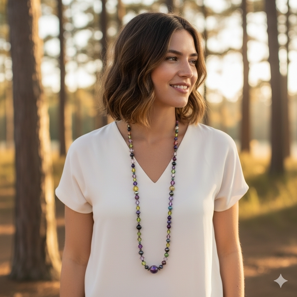 Long Multi-Colored Beaded Statement Necklace